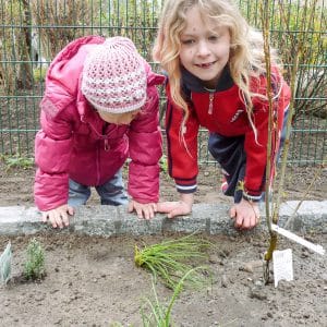 Two girls at a vegetable patch